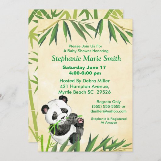 かわいい赤ちゃんパンダのグリーンバンブー出産前祝い 招待状 (正面/裏面)