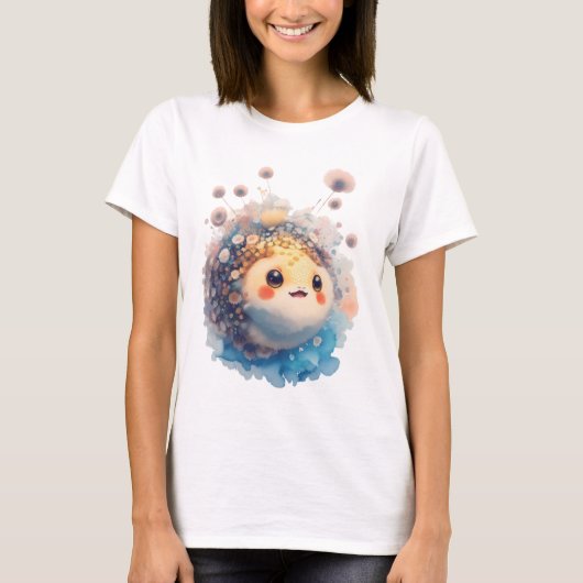 かわいい赤ちゃんフグの水彩フラワーガーデン Tシャツ (正面)