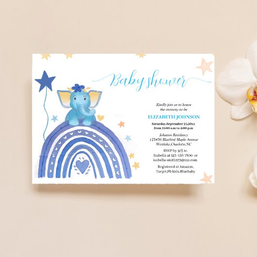 かわいい赤ちゃんブルーエレファント虹の赤ちゃんシャワーi 招待状
