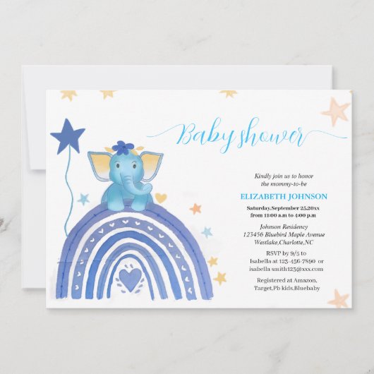 かわいい赤ちゃんブルーエレファント虹の赤ちゃんシャワーi 招待状 (正面)