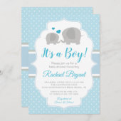 かわいい赤ちゃんブルー男の子ゾウ赤ちゃんシャワー 招待状 (正面/裏面)