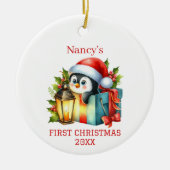かわいい赤ちゃんペンギンのクリスマス セラミックオーナメント (正面)