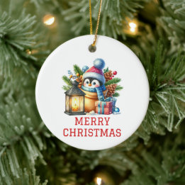 かわいい赤ちゃんペンギンのクリスマス セラミックオーナメント