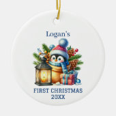 かわいい赤ちゃんペンギンのクリスマス セラミックオーナメント (正面)