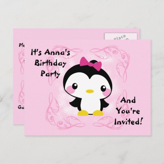 かわいい赤ちゃんペンギンの誕生日招待状ポストカード インビテーションポストカード (正面/裏面)