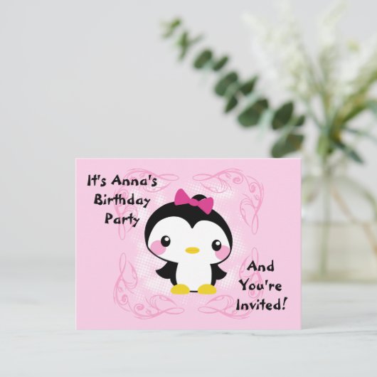 かわいい赤ちゃんペンギンの誕生日招待状ポストカード インビテーションポストカード (スタンド正面)