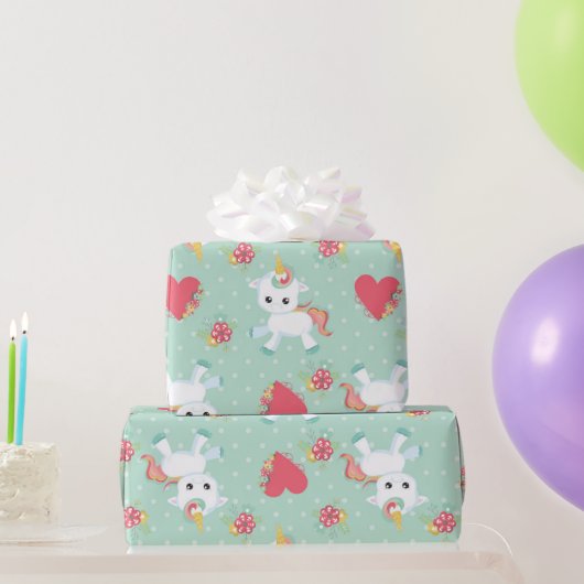 かわいい赤ちゃんユニコーン水玉模様の誕生日 ラッピングペーパー (パーティーギフト)