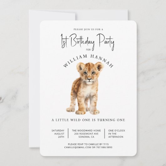 かわいい赤ちゃんライオン ワイルドワン 1歳の誕生日パーティー 招待状 (正面)
