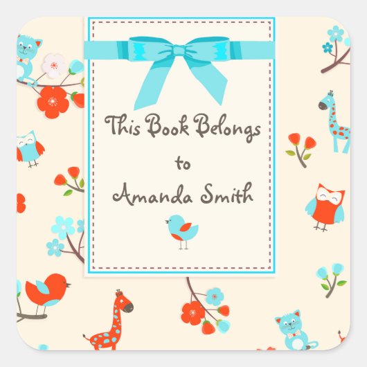 かわいい赤ちゃん動物と花本プレートシール スクエアシール (正面)