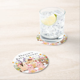 かわいい赤ちゃん動物&ワイルドフラワーベビーシャワー ラウンドペーパーコースター