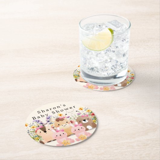 かわいい赤ちゃん動物&ワイルドフラワーベビーシャワー ラウンドペーパーコースター (インサイチュ)