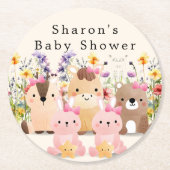 かわいい赤ちゃん動物&ワイルドフラワーベビーシャワー ラウンドペーパーコースター (正面)