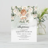 かわいい赤ちゃん天使 白いバラ グリーンとゴールド 招待状 (スタンド正面)