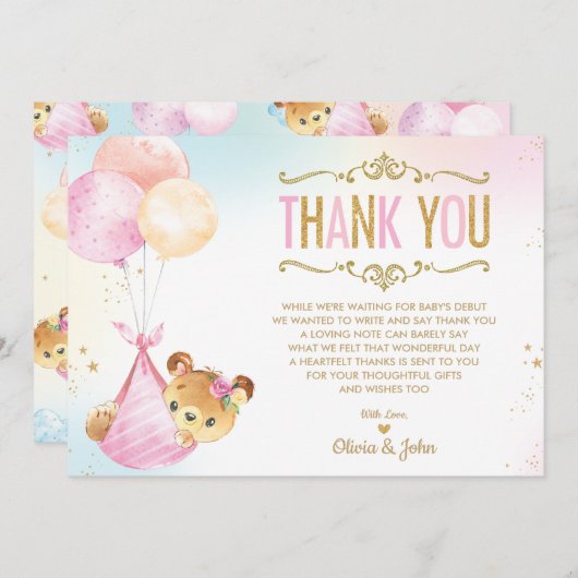 かわいい赤ちゃん女の子のクマ気球ベビーシャワー散水 サンキューカード (正面/裏面)