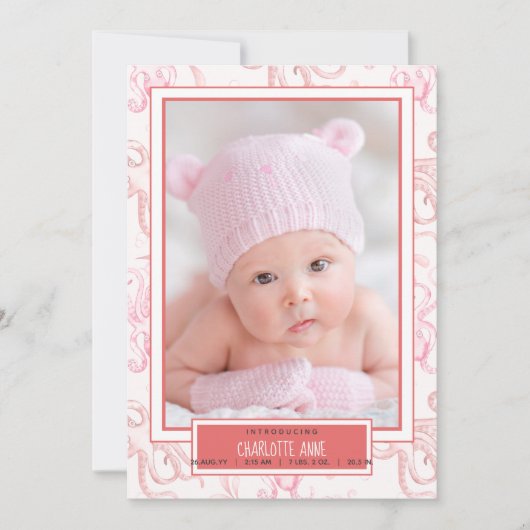 かわいい赤ちゃん女の子のタコの海の生誕発表 案内状 (正面)