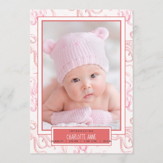 かわいい赤ちゃん女の子のタコの海の生誕発表 案内状 (正面)