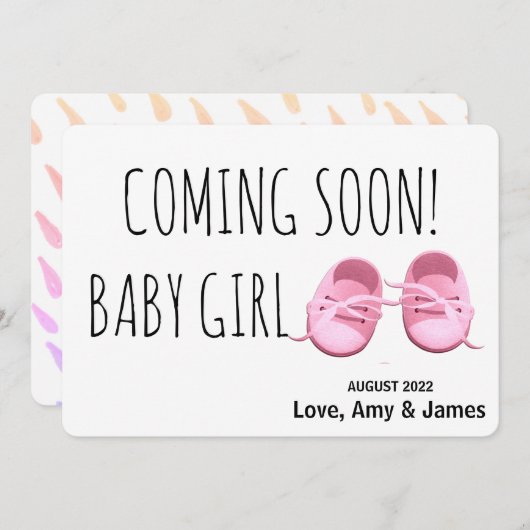 かわいい赤ちゃん女の子の来靴の間のピンク妊娠 案内状 (正面/裏面)