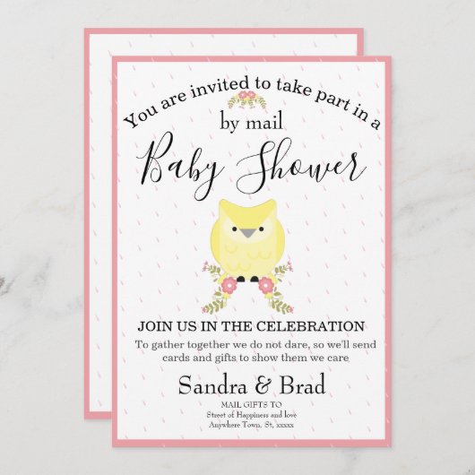 かわいい赤ちゃん女の子イエローフクロウモダンベビーシャワー 招待状 (正面/裏面)