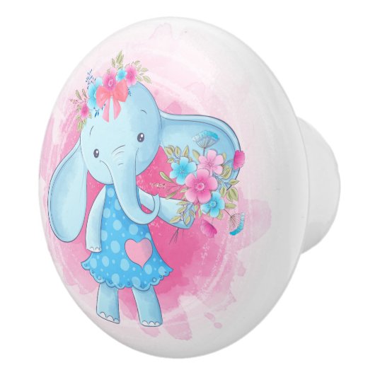 かわいい赤ちゃん女の子ゾウの花ピンクの弓マンガ セラミックノブ (右)
