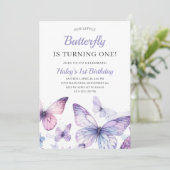 かわいい赤ちゃん女の子パープルバタフライキッズ1st誕生日 招待状 (スタンド正面)