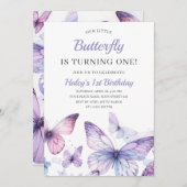 かわいい赤ちゃん女の子パープルバタフライキッズ1st誕生日 招待状 (正面/裏面)
