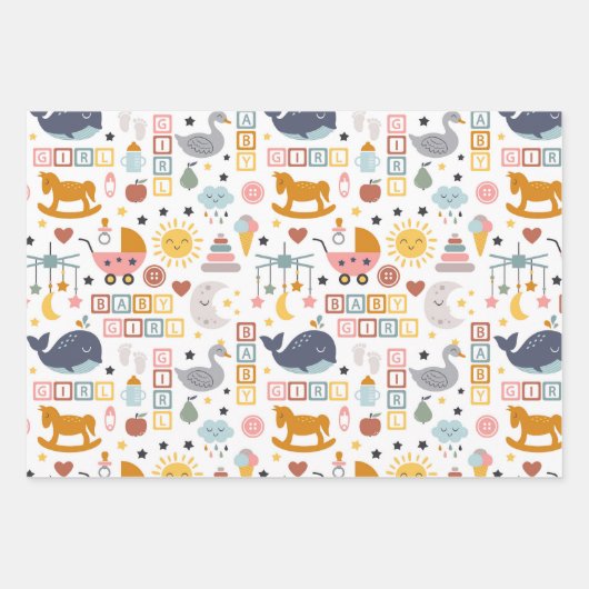 かわいい赤ちゃん女の子ピンクのパターン名ベビーシャワー ラッピングペーパーシート (正面)