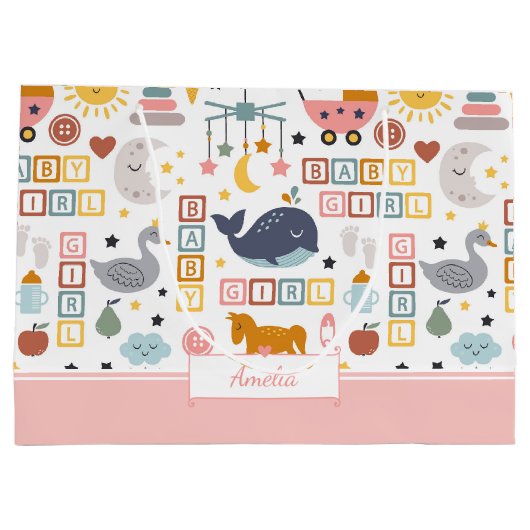 かわいい赤ちゃん女の子ピンクのパターン名ベビーシャワー ラージペーパーバッグ (裏面)