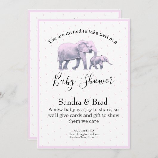 かわいい赤ちゃん女の子ピンクゾウモダンズ赤ちゃんシャワーI 招待状 (正面/裏面)