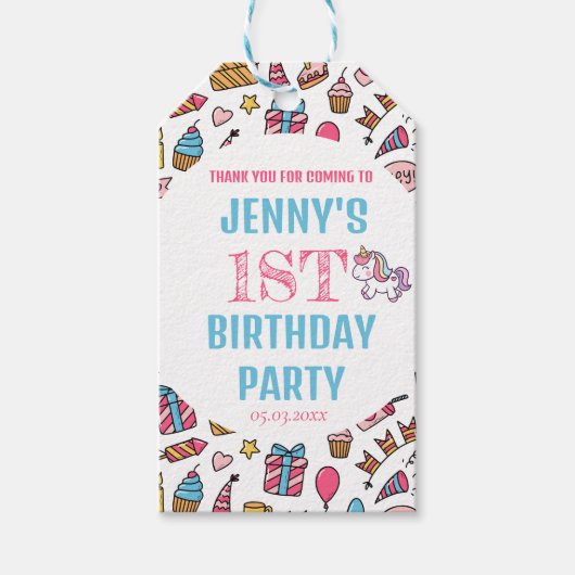 かわいい赤ちゃん女の子ユニコーン任意の年齢の誕生日パーティー ギフトタグ (正面)
