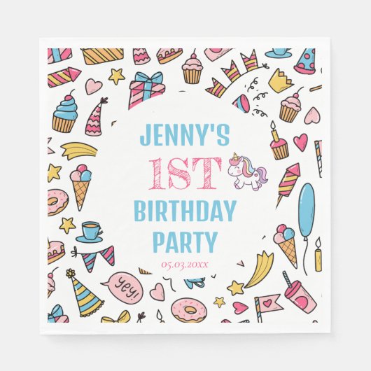 かわいい赤ちゃん女の子ユニコーン任意の年齢の誕生日パーティー スタンダードランチョンナプキン (正面)