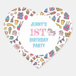 かわいい赤ちゃん女の子ユニコーン任意の年齢の誕生日パーティー ハートシール