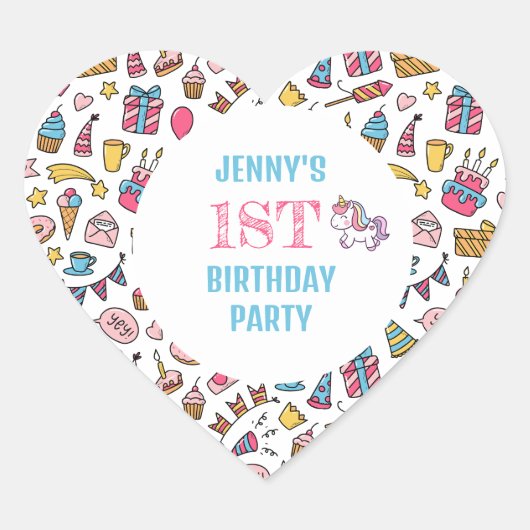 かわいい赤ちゃん女の子ユニコーン任意の年齢の誕生日パーティー ハートシール (正面)