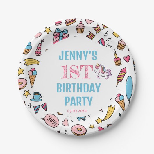 かわいい赤ちゃん女の子ユニコーン任意の年齢の誕生日パーティー ペーパープレート (正面)