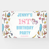 かわいい赤ちゃん女の子ユニコーン任意の年齢の誕生日パーティー 横断幕 (横)