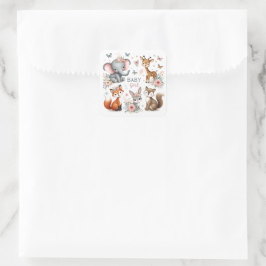 かわいい赤ちゃん少女ウッドランド動物と花 スクエアシール (バッグ)