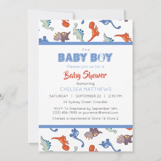 かわいい赤ちゃん恐竜のパターン印刷 オーダーメイド 招待状 (正面)