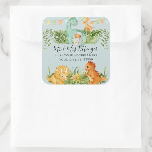 かわいい赤ちゃん恐竜の葉のシャワー返送先住所 スクエアシール (バッグ)