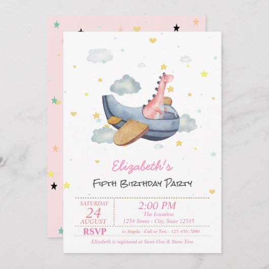 かわいい赤ちゃん恐竜飛行機スターズ誕生日 招待状 (正面/裏面)