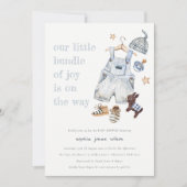 かわいい赤ちゃん服の必需品ブルーボーイベビーシャワー 招待状 (正面)