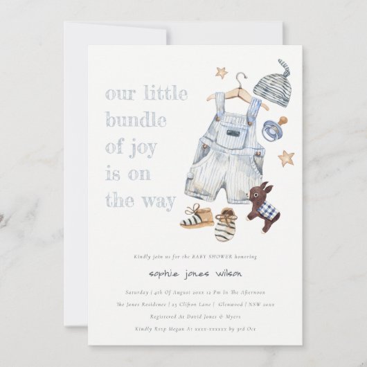 かわいい赤ちゃん服の必需品ブルーボーイベビーシャワー 招待状 (正面)
