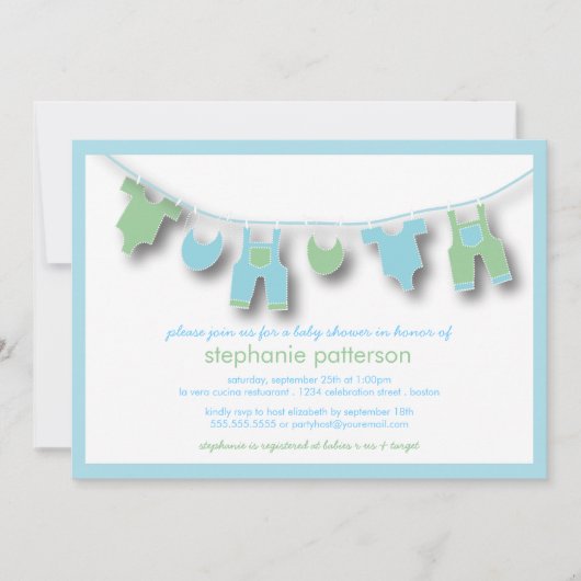 かわいい赤ちゃん服を着た男の子用シャワー 招待状 (正面)