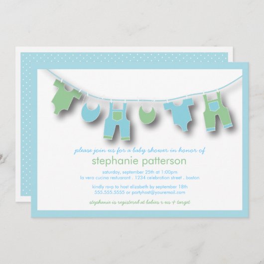 かわいい赤ちゃん服を着た男の子用シャワー 招待状 (正面/裏面)