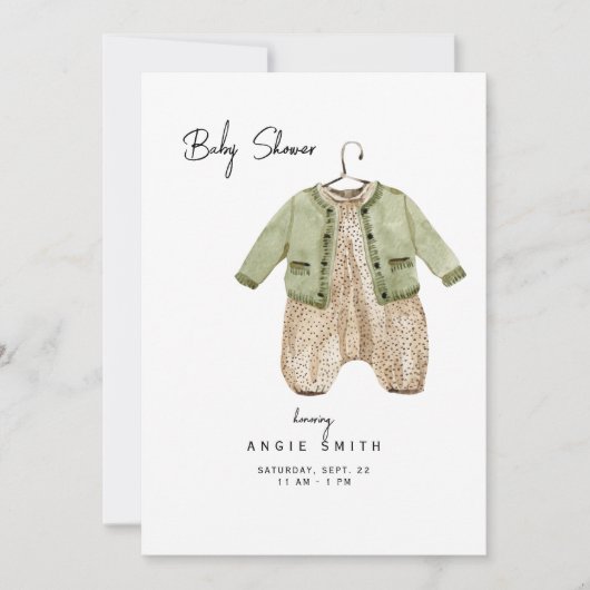 かわいい赤ちゃん服グリーンとタンシャワー招待状 招待状 (正面)