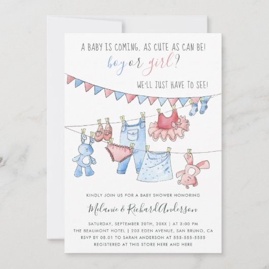 かわいい赤ちゃん服ジェンダーがパーティー赤ちゃんシャワーを明かす 招待状 (正面)