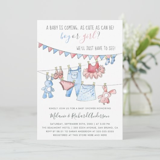 かわいい赤ちゃん服ジェンダーがパーティー赤ちゃんシャワーを明かす 招待状 (スタンド正面)