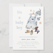 かわいい赤ちゃん服ブルー男の子の赤ちゃんシャワー 招待状 (正面)