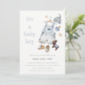 かわいい赤ちゃん服ブルー男の子の赤ちゃんシャワー 招待状 (スタンド正面)