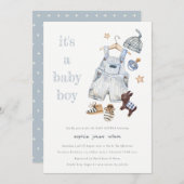 かわいい赤ちゃん服ブルー男の子の赤ちゃんシャワー 招待状 (正面/裏面)