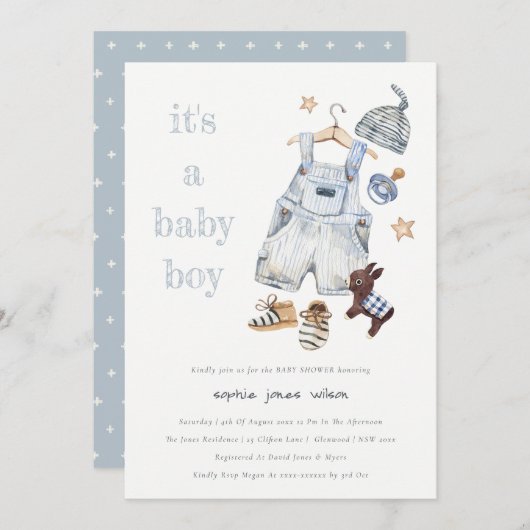 かわいい赤ちゃん服ブルー男の子の赤ちゃんシャワー 招待状 (正面/裏面)
