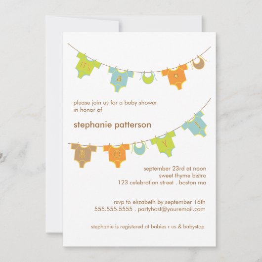 かわいい赤ちゃん服新登場は男の子のベビーシャワー 招待状 (正面)